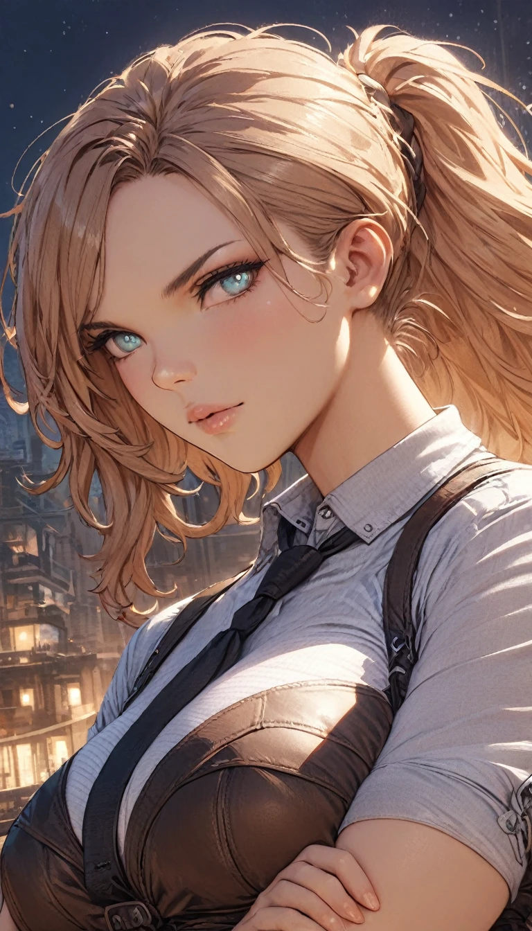 best quality,4k,8k,highres,masterpiece:1.2),ultra-detailed, extremely detailed eyes, extremely detailed body, (large masterpiece digital art), (detailed manga illustration), (detailed line art), ((perfect anatomy)), (intricate details:1.3), (ultra-detailed:1.3), (illustration:1.3), (sharp focus:1.3), (natural lighting:1.05), (vivid colors:1.3), (masterpiece), (best quality:1.4), (perfect anatomy:1.4), high quality, expressive eyes, full body, detailed face, beautiful face, perfect face, assassin, 1 girl, muscular, tall girl, large breasts, long hair, light brown hair, straight hair, low ponytail, detailed hair, ((casual clothes)), grey t-shirt, (vest), open vest, (blue pants), denim pants, pale skin, aquamarine eyes, splash art, curvy, black combat boots, cinematic lighting, dramatic atmosphere, Atey Ghailan, Jeremy Mann, Greg Manchess, Antonio Moro, trend in ArtStation, trend in CGSociety, Intricate, High Detail, Sharp focus, dramatic and photorealistic painting art by Midjourney and Greg Rutkowski, Jeff Bridges, ((cartoon style)), Marvel Cinematic Universe style, (((Night sky in the background))),