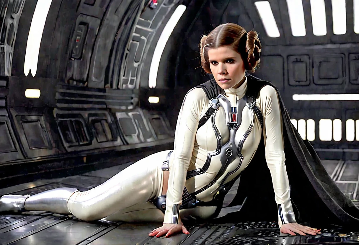 Kate Mara (age 25) in the role of Princess Leia (white metallic skinsuit and cloak) is a high tech and very dangerous torture chamber pleading with Darth Vader for mercy, damsel in pain, damsel in distress
