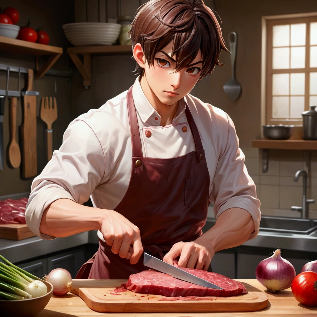 anime style butcher cutting board,knife,food,kitchen knife,male focus,独奏,holding knife,Meat,holding,1boy,onion,(Food close-ups:1.1),