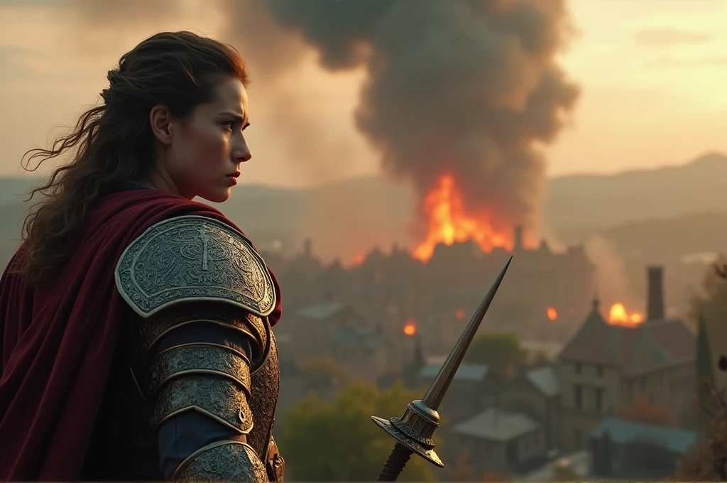 A cinematic, dramatic close-up shot of a hero in regal, enchanted armor standing on a high vantage point, looking out over the distant village being destroyed by dark forces. The hero's face reflects shock, determination, and resolve. The background shows the smoke and flames rising from the village, with distant sounds of chaos and destruction. The hero's eyes narrow as they realize the threat, and their grip tightens on their weapon. The scene is highly detailed and realistic, capturing the emotional intensity and the hero's resolve to fight back. Ensure high level of detail and realism to match cinematic quality.
