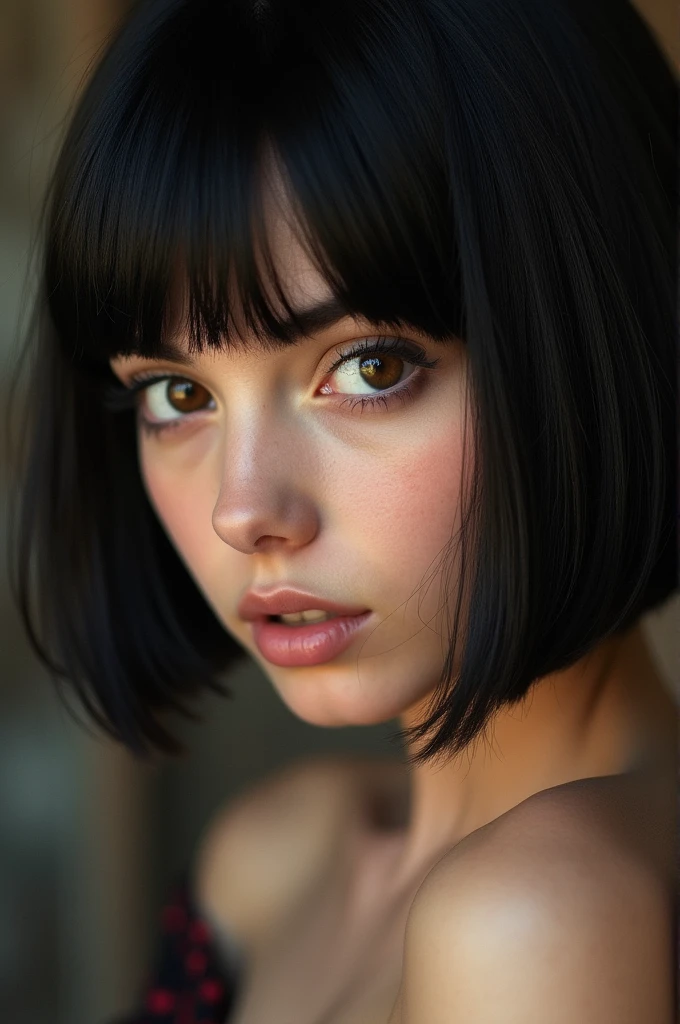 RAW photo, best quality, masterpiece, photorealistic, Beautiful girl,  solo, detail face, detail eyes, detailed skin, brown eyes, black hair, short straight bob cut, looking at viewer, 