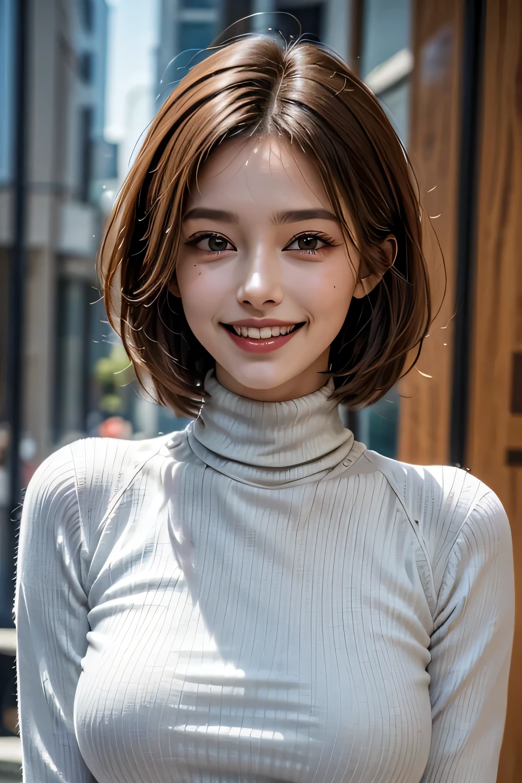 ((masterpiece)), ((Highest quality)), ((Complex)), ((Surreal)), (Realistic), (Mature Woman), ((No classes)), Very detailed, (1 female), Beautiful and exquisite, (Beautiful Teeth), Grin, Brunette bob hair, Brown eyes, ((Turtleneck sweater)), (Upper Body), (background:none), Perfect Eyes, Captivating eyes, Looking at the audience