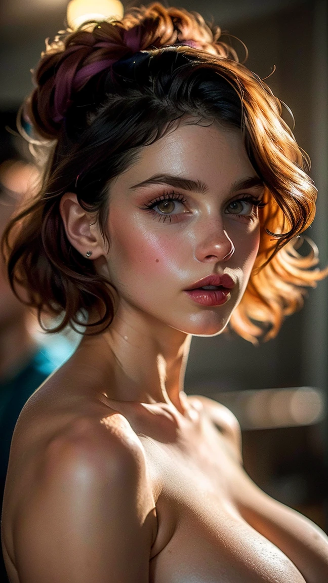 (((ultra realistic))) Photo, masterpiece, top quality, (Pale skin), (Ultra detailed face and eyes..:1.2), 1 girl, adult, ((naked, ((very heavy eye makeup, pink mascara)), ((labios falses detallados)), ((pink wavy fur)), ((stylish hairstyle)) , (({huge|gigantic|big|huge|Mega|false} old)), (Thin waist). ((completely naked)), Photoshoot, (Suave) switched on, (The game of lights and shadows.), depth of field, bokeh, (Special attention to leather details..: 1.2), (Atención especial al tamaño de los old huges.: 1.2), (special attention to ultra soft old: 1.2), detailed texture, skin pores, oily skin. (Erotic frame atmosphere... Color range: violet, rosa, Tons), DR, ((film grain)), ((Heavens)), (Glare), ((whole body)) , ultra detialed, naked