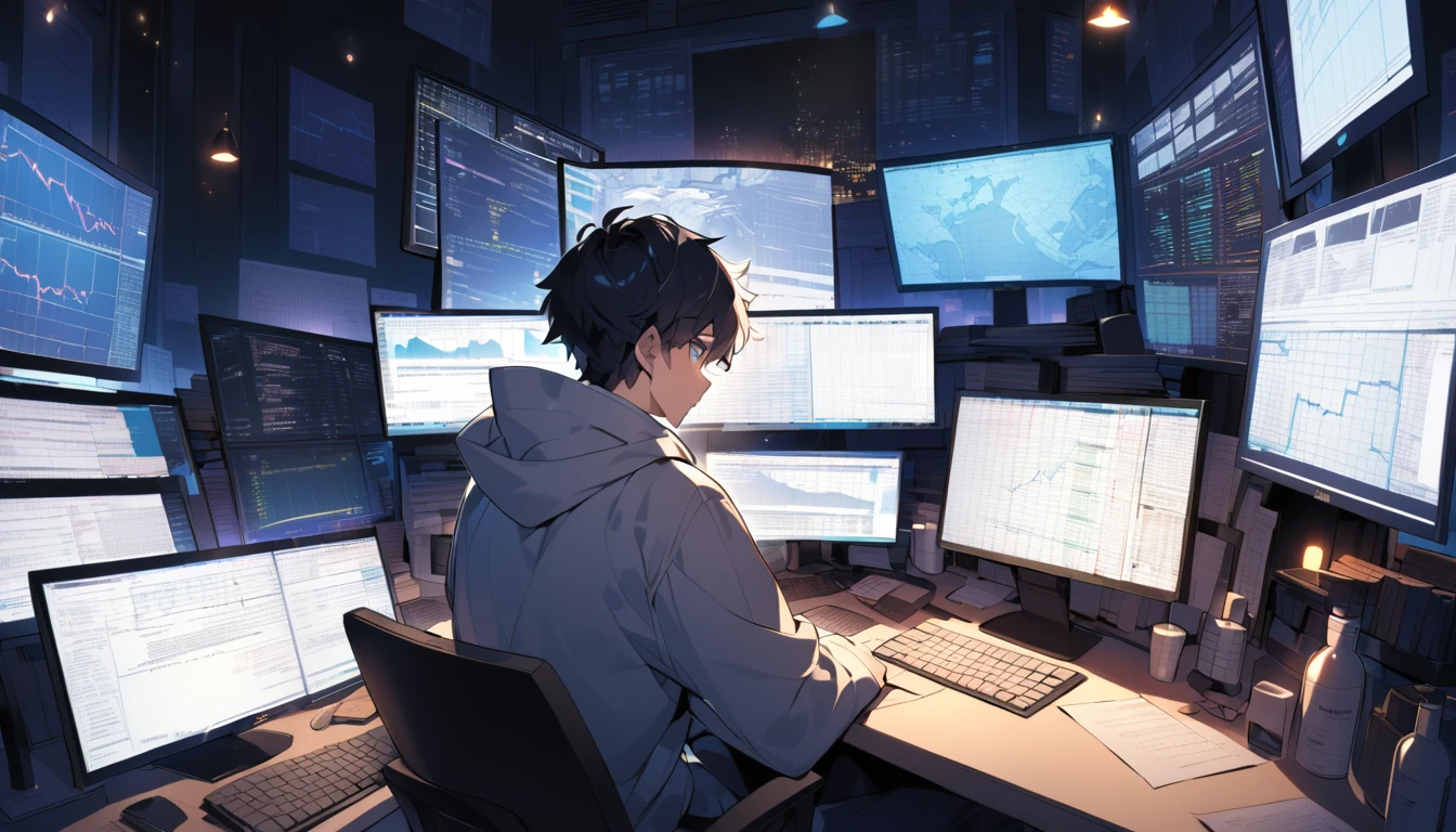 Late Night Analysis: "Ethan, a 21-year-old trader, working late into the night, illuminated by the glow of his computer screens, filled with market data and analysis, highlighting his dedication despite setbacks."