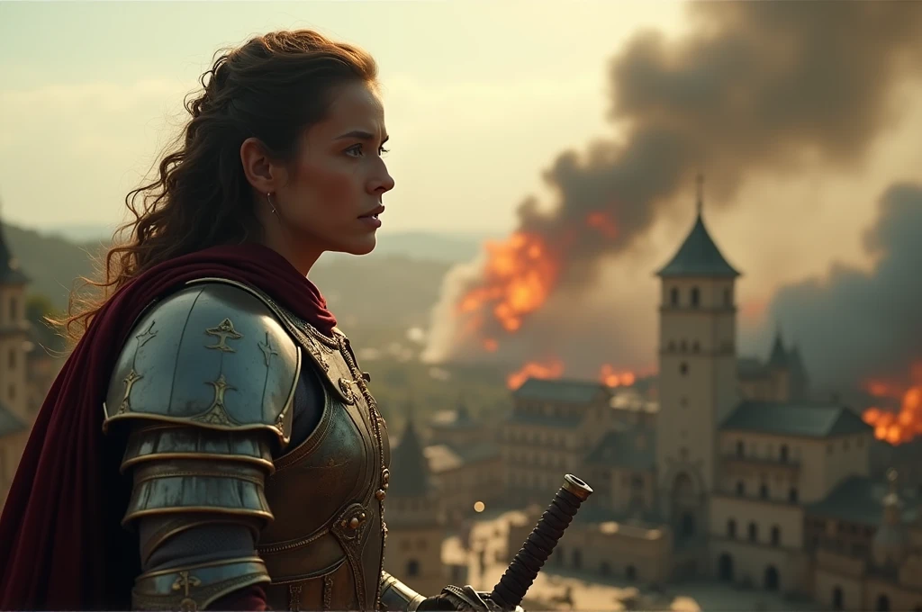 A cinematic, dramatic close-up shot of a hero in regal, enchanted armor standing on a high vantage point, looking out over the distant village being destroyed by dark forces. The hero's face reflects shock, determination, and resolve. The background shows the smoke and flames rising from the village, with distant sounds of chaos and destruction. The hero's eyes narrow as they realize the threat, and their grip tightens on their weapon. The scene is highly detailed and realistic, capturing the emotional intensity and the hero's resolve to fight back. Ensure high level of detail and realism to match cinematic quality.