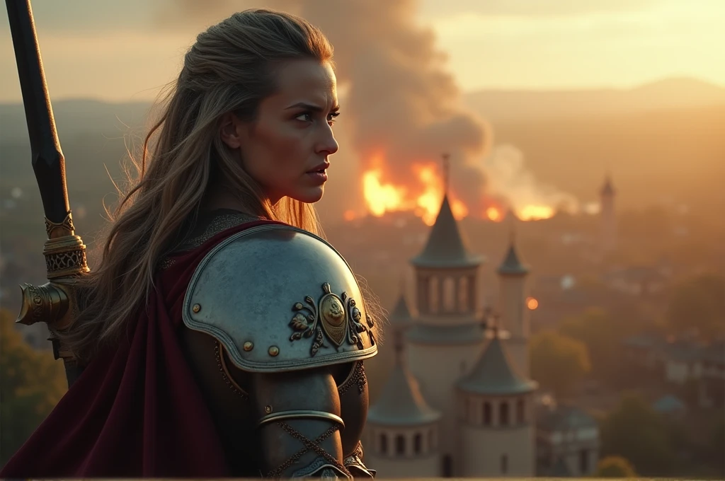 A cinematic, dramatic close-up shot of a hero in regal, enchanted armor standing on a high vantage point, looking out over the distant village being destroyed by dark forces. The hero's face reflects shock, determination, and resolve. The background shows the smoke and flames rising from the village, with distant sounds of chaos and destruction. The hero's eyes narrow as they realize the threat, and their grip tightens on their weapon. The scene is highly detailed and realistic, capturing the emotional intensity and the hero's resolve to fight back. Ensure high level of detail and realism to match cinematic quality.
