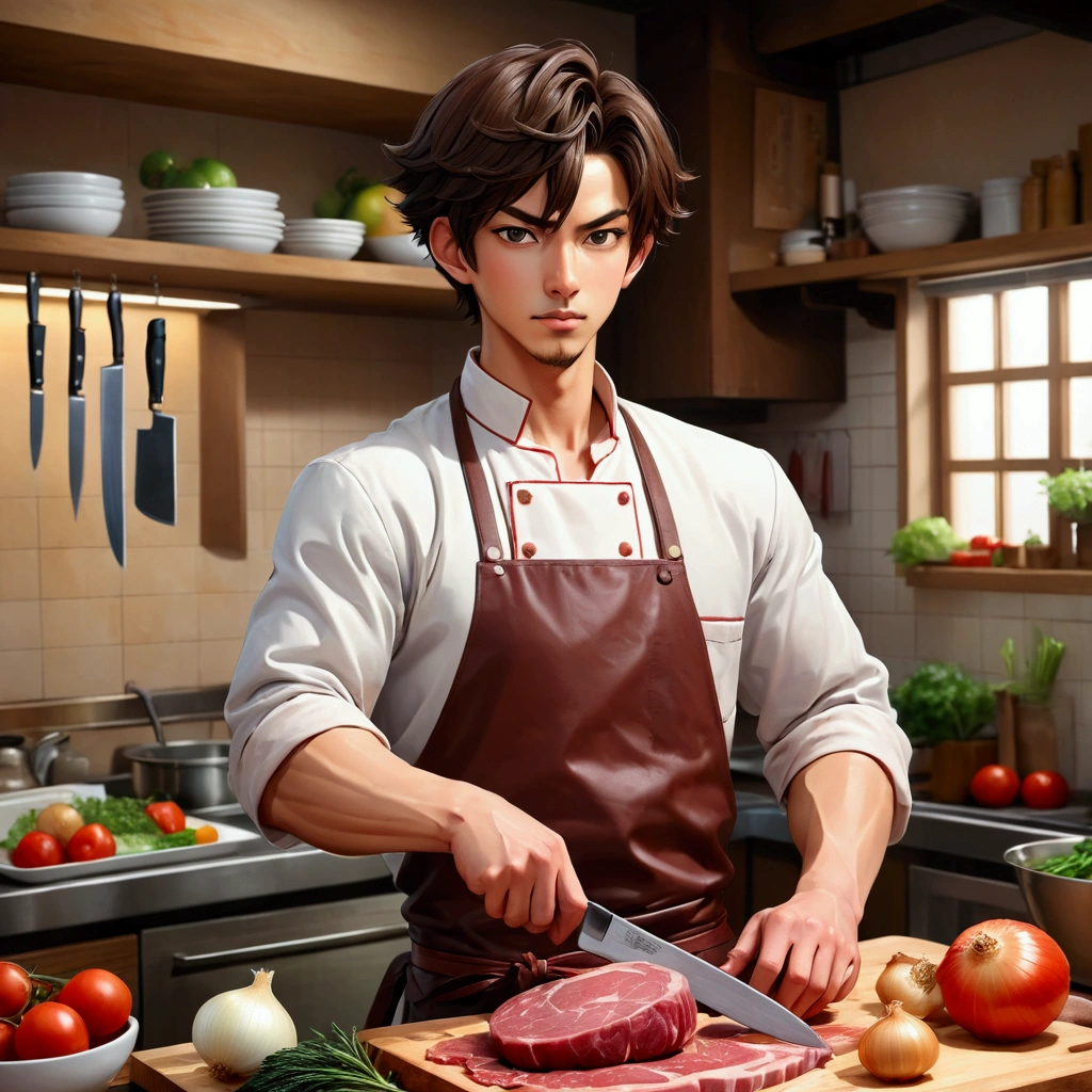 anime style butcher cutting board,knife,food,kitchen knife,male focus,独奏,holding knife,Meat,holding,1boy,onion,(Food close-ups:1.1),