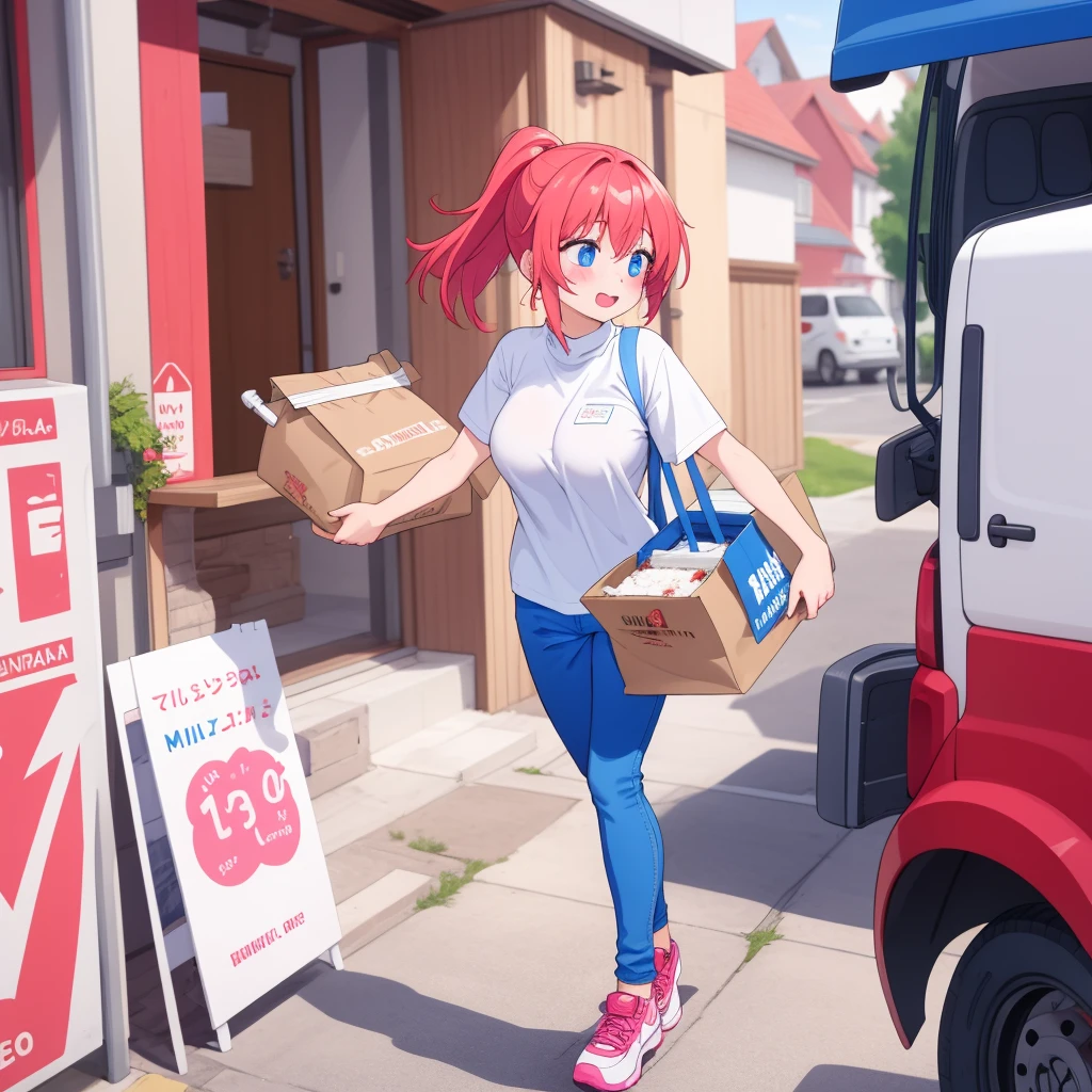 ((Woman delivering milk))、Delivery man's clothes、A bow tie、pants、((Ultra fine)),Highest quality,masterpiece,((1 girl)),((Standing posture)),{{solo}},((whole body)),Looks elegant,(,((face)),Expressionless,cute,挑発的な笑face,Shoes on your feet,