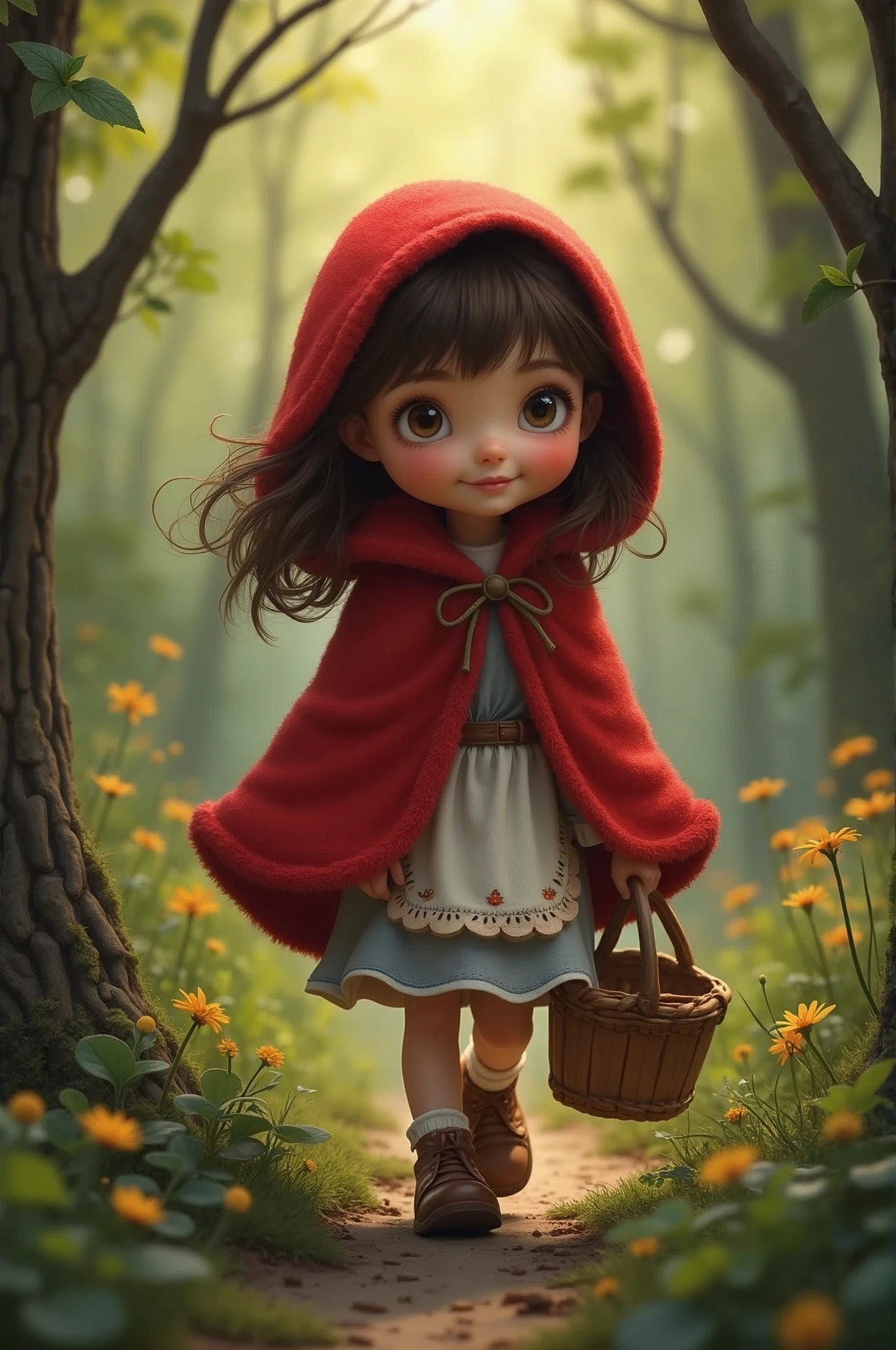 little Red Riding Hood，Cute girl cape，Small freckles on the face，Smile，Carry basket，Walking in the forest path，(A gray wolf was hiding in the bushes, looking greedily at the .)