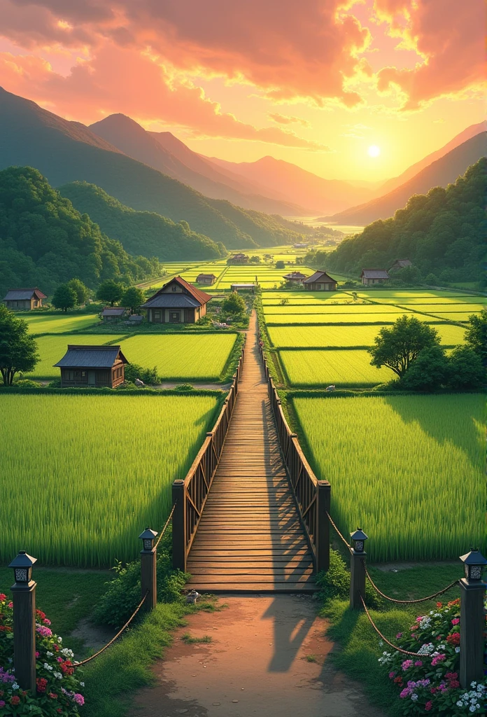 "A charming rural landscape in the style of Studio Ghibli during the evening. The lush green rice fields and the mountains in the background are bathed in the golden light of the setting sun. An old wooden bridge crosses the rice fields, surrounded by natural scenery. The sky is a gradient of orange and pink, casting a soft, warm glow over the countryside. Small houses are scattered throughout, each surrounded by flowers and trees. Swaying rice plants and colorful flowers add vibrancy to the scene, creating a tranquil and comforting atmosphere. The path features old stone lanterns and small animals hidden among the grass."