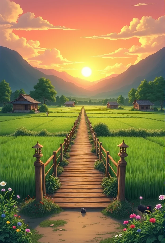 "A charming rural landscape in the style of Studio Ghibli during the evening. The lush green rice fields and the mountains in the background are bathed in the golden light of the setting sun. An old wooden bridge crosses the rice fields, surrounded by natural scenery. The sky is a gradient of orange and pink, casting a soft, warm glow over the countryside. Small houses are scattered throughout, each surrounded by flowers and trees. Swaying rice plants and colorful flowers add vibrancy to the scene, creating a tranquil and comforting atmosphere. The path features old stone lanterns and small animals hidden among the grass."