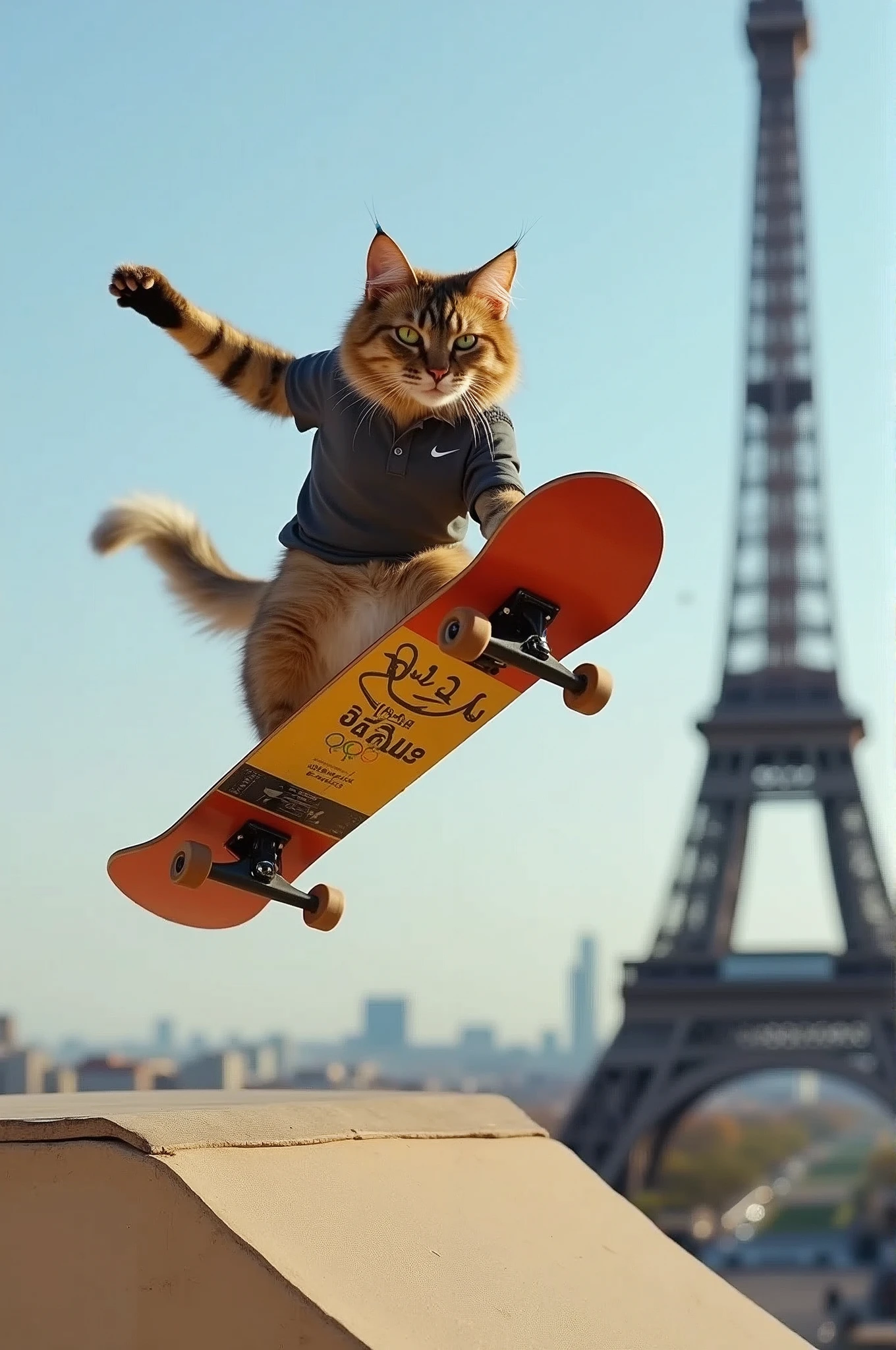 A photorealistic image of a MaineCoon cat leaping from a high skateboard ramp at the 2024 Paris Olympics, with the Eiffel Tower visible in the background.