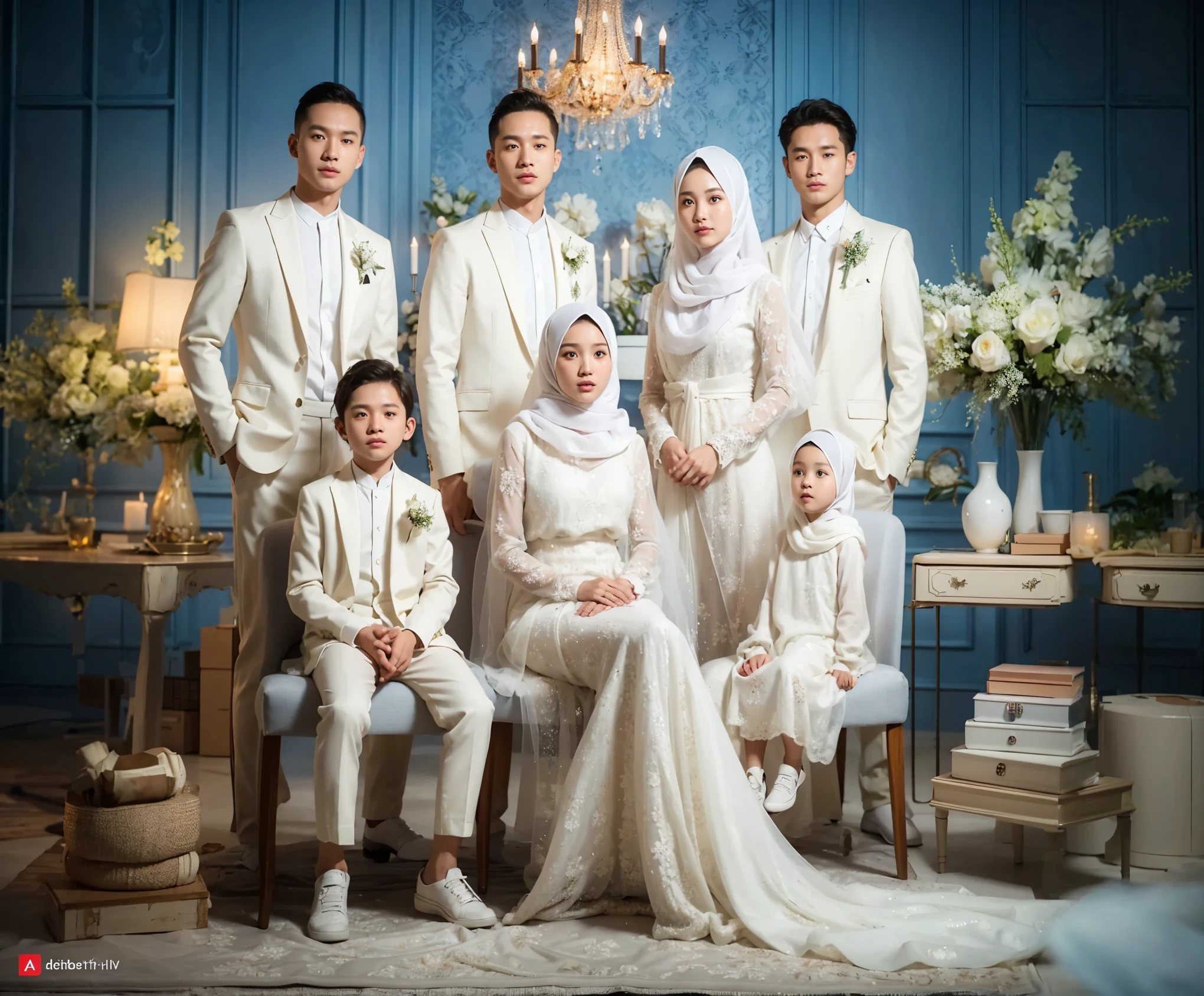 Studio Photography, close up, Indonesian, 7 members including one couple aged 50 sits on chair, a boy aged 6 and a daughter aged 3, stand behind them there's two man's aged 32 very shorts crew haired, and with a woman each aged 34 they wearing long compaliant pashmina hijab, all wearing white formal suit for man and gamis dress for women in white colored, sets at studio with white gold luxurious patterned wall, flower vases, side tables, aethestic decorations, fresh color and saturation, photography, good lighting, 8k , UHD.