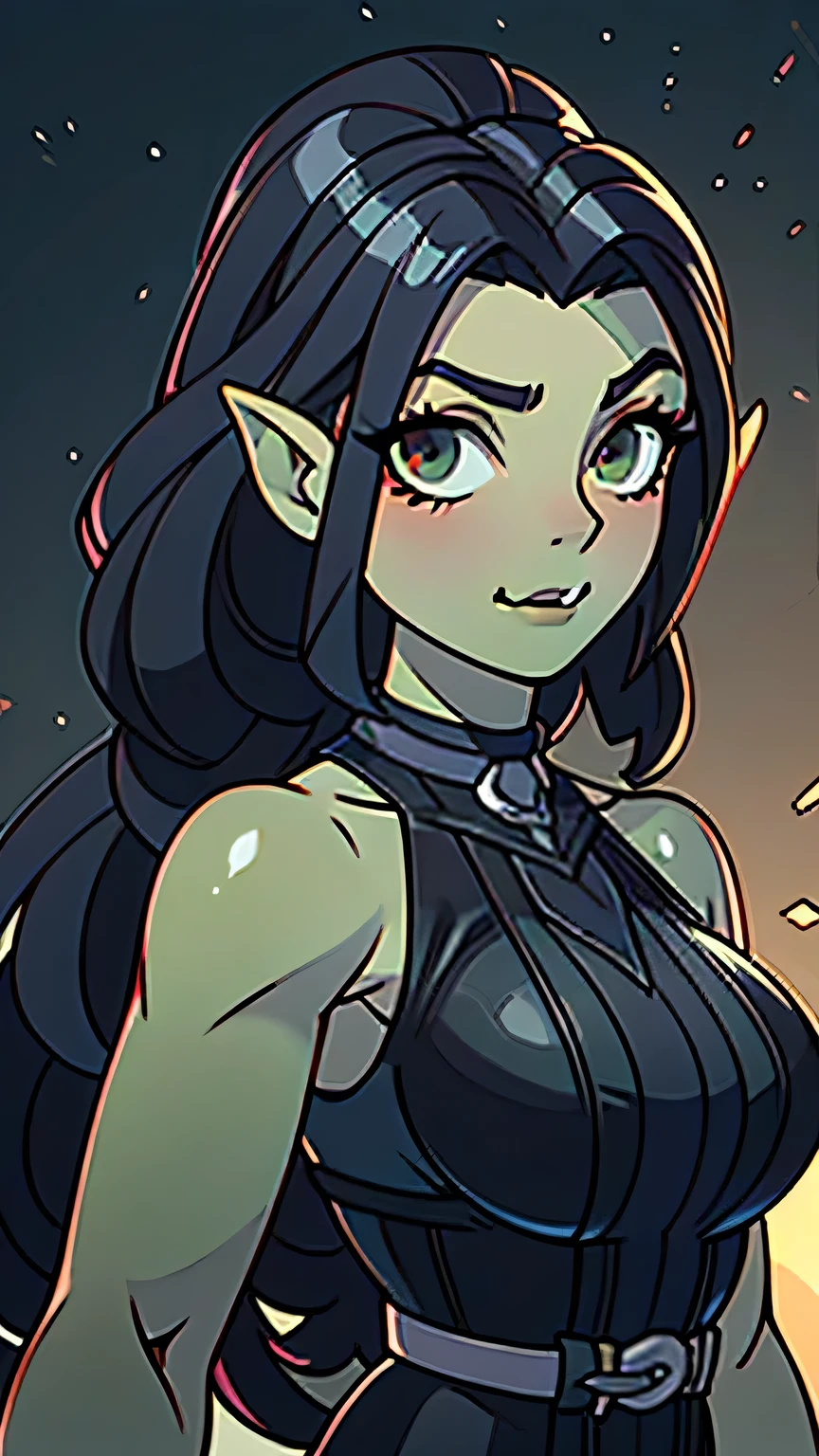 photo of beautiful Orc, RAW, beautiful woman, (portrait), (detailed anime face:1.2), (detailed green skin, glossy lips, luscious dark green lips, clear green skin), (Long braided hair), (perfect proportioned body, Strong, muscular, narrow waist, narrow hips, skinny, large breasts), (she wears cropped leather armor), (dark battlefield background, swords stuck in the ground), (realistic photo, best quality, detailed), (8k wallpaper), (cinematic lighting, beautiful light, (day:1.3)) (sharp focus, intricate)