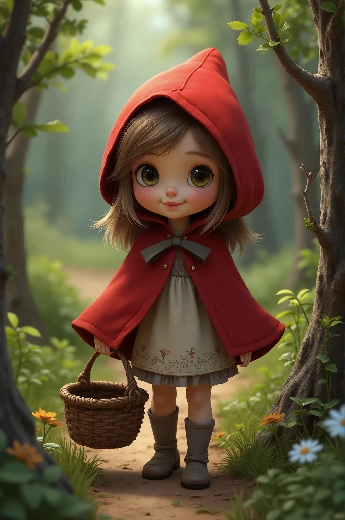 little Red Riding Hood，Cute girl cape，Small freckles on the face，Smile，Carry basket，Walking in the forest path，(A gray wolf was hiding in the bushes, looking greedily at the .)