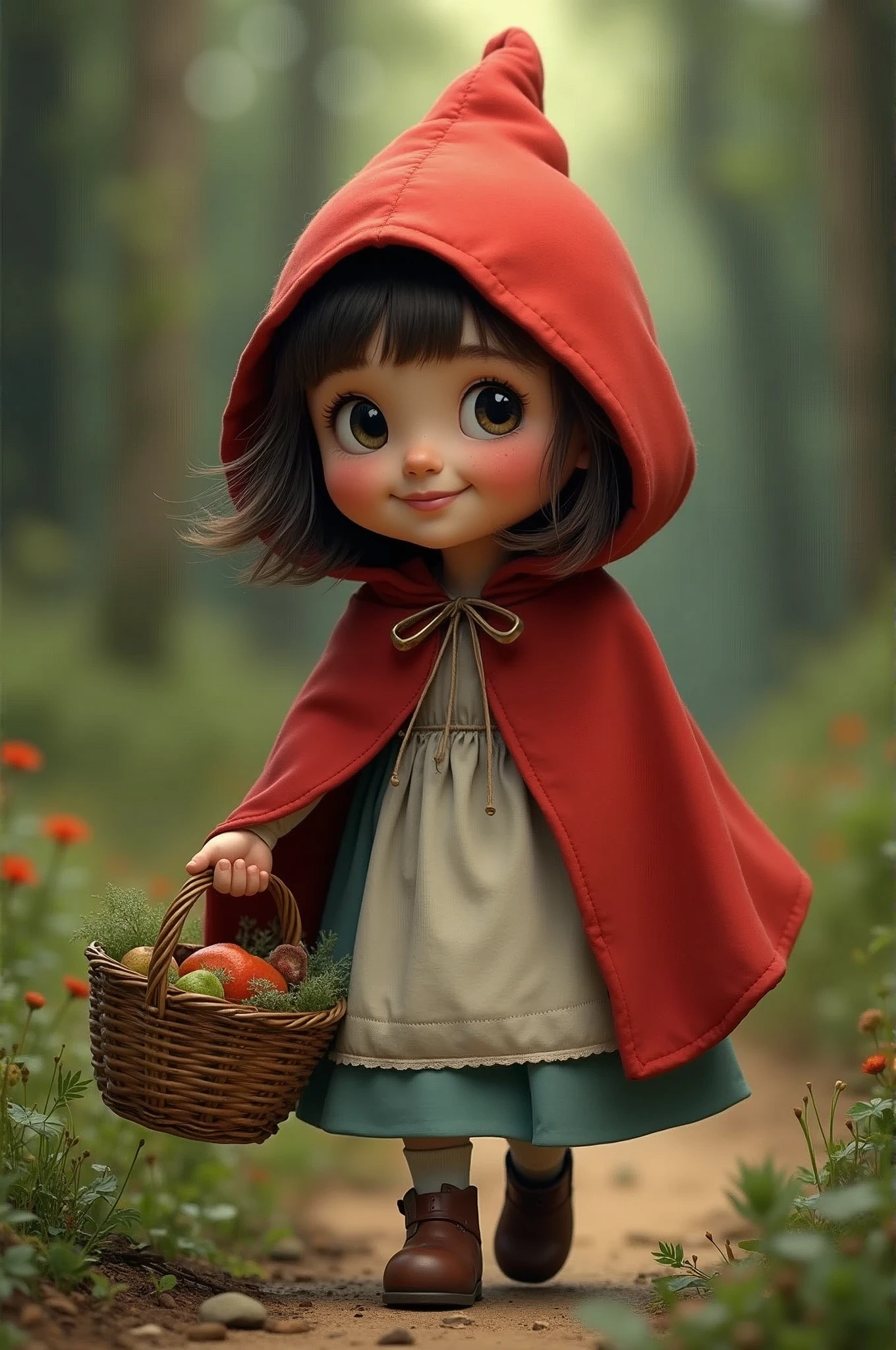 little Red Riding Hood,Cute girl cape,Small freckles on the face,Smile,Carry basket,Walking in the forest path,(A gray wolf was hiding in the bushes, looking greedily at the .)