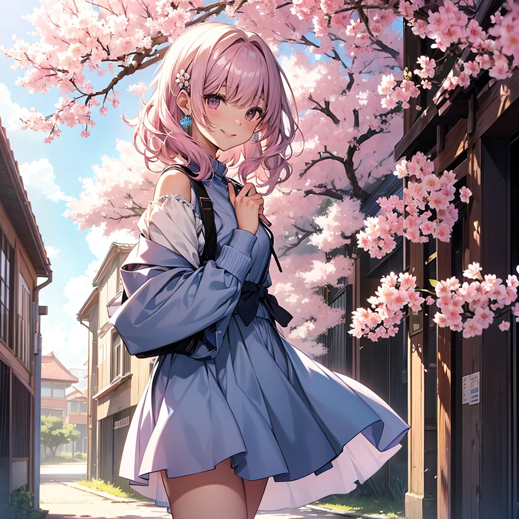 art by Cornflower, Dreamy, cherry_开flower, come down_flower瓣, flower瓣, Branches, pink_flower, 1 Girl,20 years old, blue_Sky, spring_(seasexist), flower瓣_exist_liquid, flower, flower见, skirt, (Lexistg blexistd curly hair:1.5),Wearing a wreexisth,Sky, outdoor, cloud, Bangs, Smile, pink_Eye, White skirt with cherry blossom embellishments, only_Shoulder, earrings, Keep_flower, wind, Tree, Watching_exist_Viewer,Cowboy shooting,