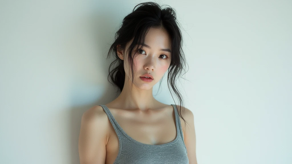 fine art photography of a beautiful japanese woman ingrey long tank top standing against the white wall, inthe style of lvan kramskoi, dynamic pose, alternativeangle, photorealistic, hyperrealism, cinematic, coarsefilm grain,,in clothes