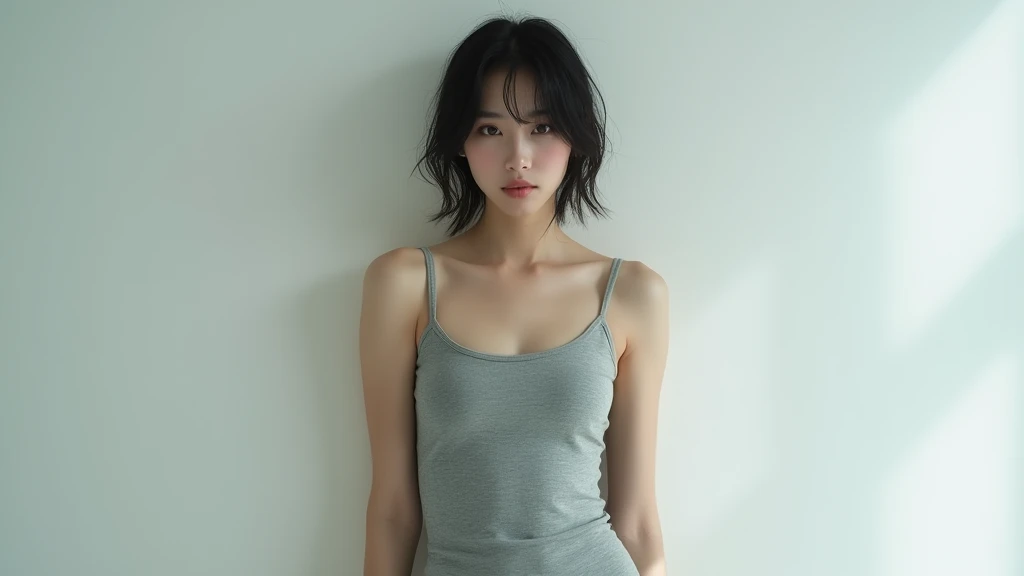fine art photography of a beautiful japanese woman ingrey long tank top standing against the white wall, inthe style of lvan kramskoi, dynamic pose, alternativeangle, photorealistic, hyperrealism, cinematic, coarsefilm grain,,in clothes