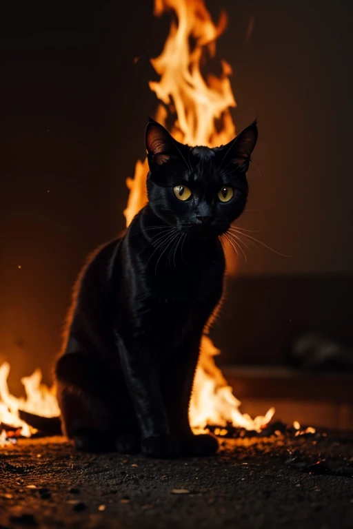 A stuffed black cat caught in fire