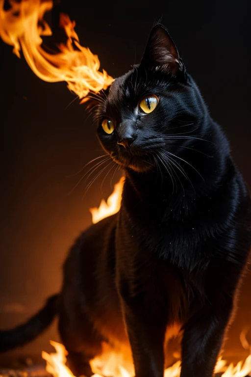 A stuffed black cat caught in fire 