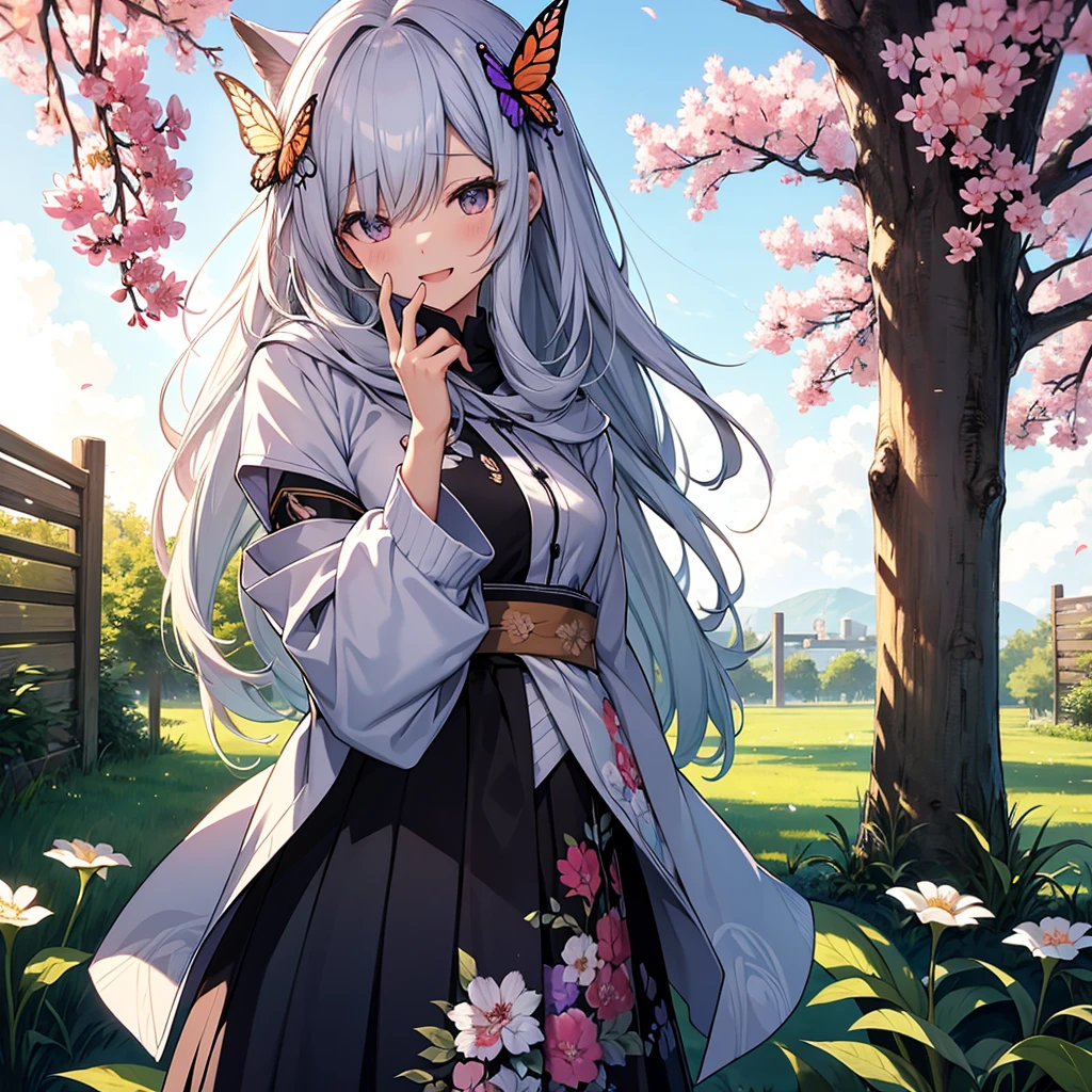 Vaguery, Vaguery_prospect, depth_of_site, flower瓣, Butterfly, Vulnerabilities, cherry_开flower, Vaguery_background, 蓝色of_Butterfly, sports_Vague, flower, Elena_(possible_No_Gossip), 1 Girl, Open_Mouth, 长of_hair, 粉色of_flower, Weaving, come down_flower瓣, 白色of_shirt, Smile, skirt, shirt, 白色of_flower, Tree, outdoor, Ahog, Watching_exist_Viewer, hair_between_Eye, 春sky_(season), sky, 独自of, Keep, Branches, Bangs, 蓝色of_sky空, Eyebrow_可见of_pass_hair, :d, silver_hair, hood, cape
