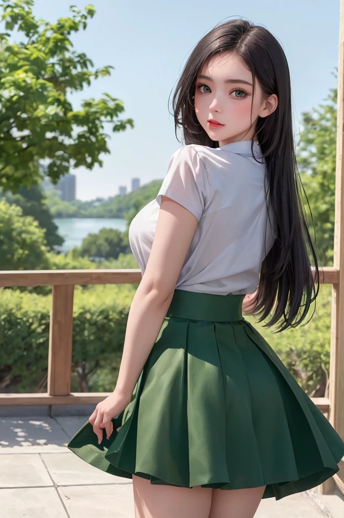 (8K, RAW photos, best quality, masterpiece:1.2), (Practical, photo-Practical:1.37),1 Girl, skirt, Green Eyes, Long hair, Superfine fabric, beautiful decoration on skirt,