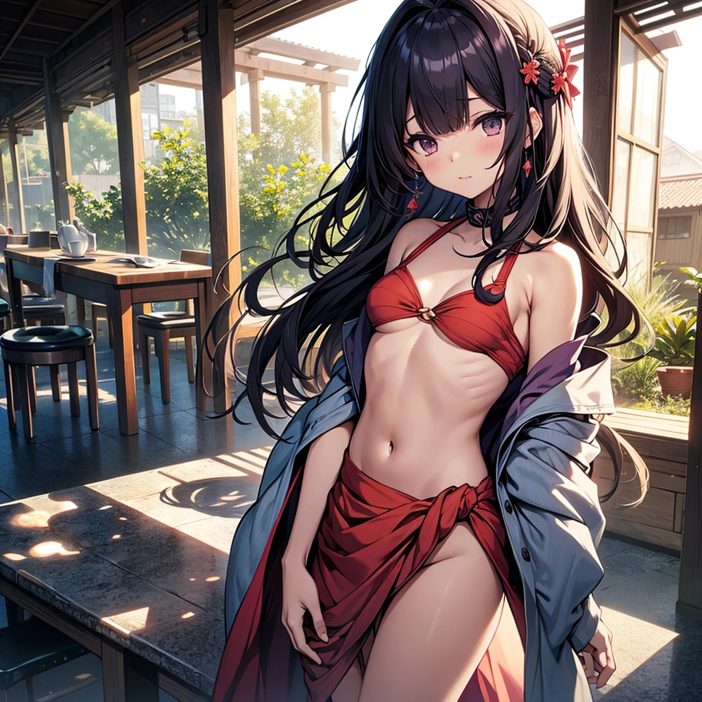 yamada thatu, best quality, masterpiece, 1 Girl, Solitary, Small Breasts, Bangs, Hairpin, Hair accessories, , Costumes, , Sarong, , twisted torso,
