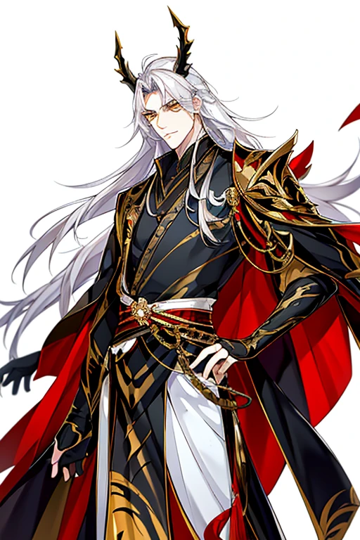 Handsome, solo, 1 male, long hair, white hair , yellow eyes, black shirt, black suit, Hanfu with red dragon patterns and gold edges highlighting the aura of a leader, golden horns, best quality, 16k, masterpiece, detailed face drawing, with two arms and two legs, manhua character.