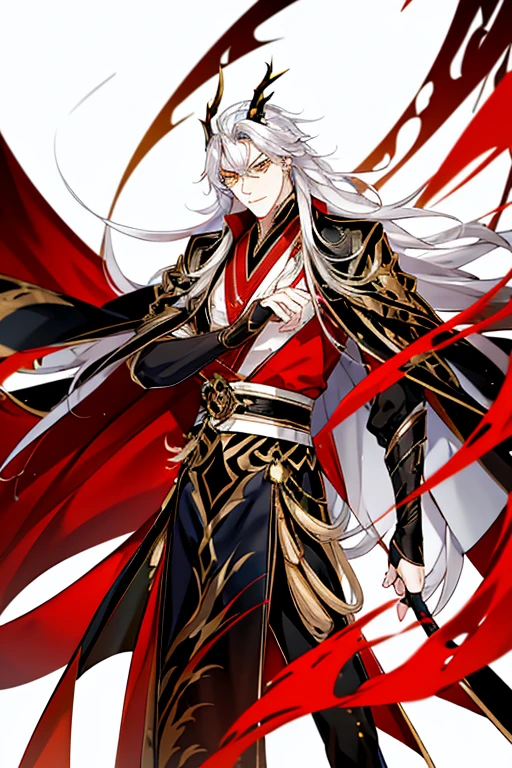 Handsome, solo, 1 male, long hair, white hair , yellow eyes, black shirt, black suit, Hanfu with red dragon patterns and gold edges highlighting the aura of a leader, golden horns, best quality, 16k, masterpiece, detailed face drawing, with two arms and two legs, manhua character.