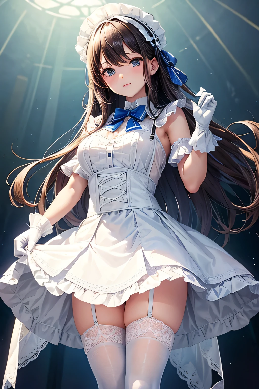The upper body is still wearing a white dress，It&#39;s just that the dress has become a deep V design，The √ character is split all the way to the belly button。The two long strips of cloth extending from the neckline only covered the outside of the huge breasts.，The inner part of the nipple is completely exposed。The collar and deep V end create a large vertical oval cutout.，The front side reveals nearly two-thirds of the fair skin.，The girl&#39;s huge breasts are not fixed，As she walked, the bra covering her chest swayed up and down.，It feels like the protruding nipples will be exposed at any time.。The sides and back are completely exposed，Only the long blue hair that flows like a waterfall hides，From the side, you can even clearly see the exposed curve of the big breasts。The front of the skirt is so short that you can almost see your underwear，The back is a wedding dress-like skirt that drags on the ground。What makes people more excited is，The whole dress is translucent，You can vaguely see the girl&#39;s delicate skin through her dress。That belly button，Straighten your hips，White T-shirt，Huge Twin Peaks，Even the raised red nipples are faintly visible。

Under the skirt is a pair of suspender white stockings，The white stockings have a circle of blue lace decoration，The stockings are more transparent than before，In the thigh and calf area, you can see the girl&#39;s white and tender leg meat，The non-transparent side of the stockings is decorated with a row of blue flower prints。The blue garter belt stretches upwards，Hanging in the middle of the girl&#39;s slender waist。She also wore a pair of long gloves made of silk stockings on her arms.，Gloves and garters have a little bit of blue lace。
The whole dress includes gloves，Looks like there&#39;s a lot of fabric，In fact, most of her body is exposed，The covered parts are all translucent，The hazy feeling is even more beautiful than being naked.。At this moment, Alice is wearing the pearl necklace and princess crown that represent her identity.，Under the crown is a snow-white veil，Against that face，Alice, wearing a dress that looks like sexy lingerie, exudes a noble and holy temperament，It makes people want to ruthlessly defile this holiness.。