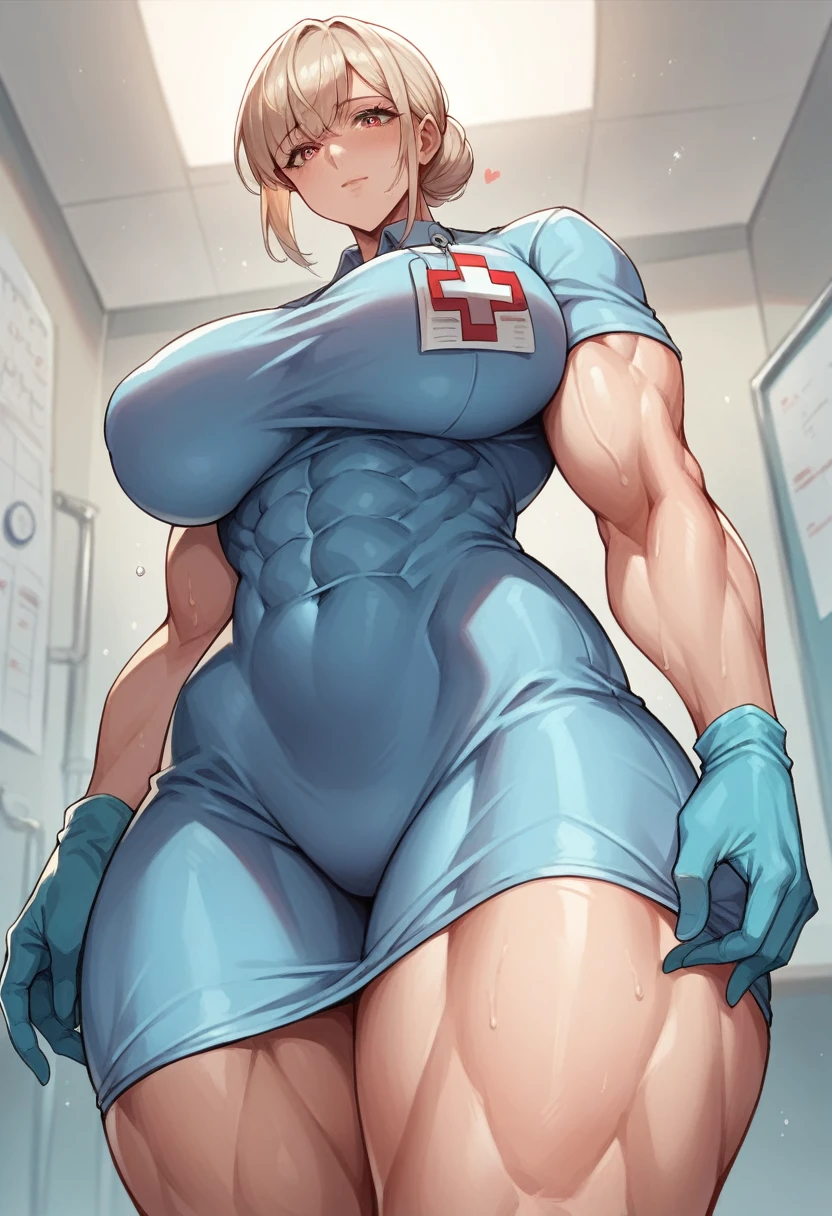 1woman, light hair, bangs, mature female, very large breast, doctor outfit , blue tight medical gloves, strong, muscular, large, muscular abs, muscular thighs, heart in eyes, worm’s eyes view
