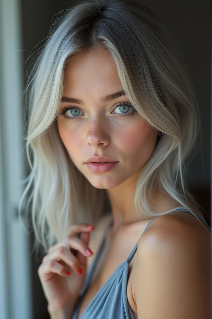 RAW photo, best quality, masterpiece, photorealistic, 18 years old, Kristina Pimenova, solo, detail face, detail eyes, detailed skin, light gray eyes, light gray hair, short straight bob cut, Symmetrical eyes, medium breast, like a model, looking at viewer, fullbody, Attractive body lines