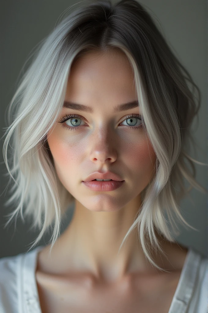 RAW photo, best quality, masterpiece, photorealistic, 18 years old, Kristina Pimenova, solo, detail face, detail eyes, detailed skin, light gray eyes, light gray hair, short straight bob cut, Symmetrical eyes, medium breast, like a model, looking at viewer, fullbody, Attractive body lines