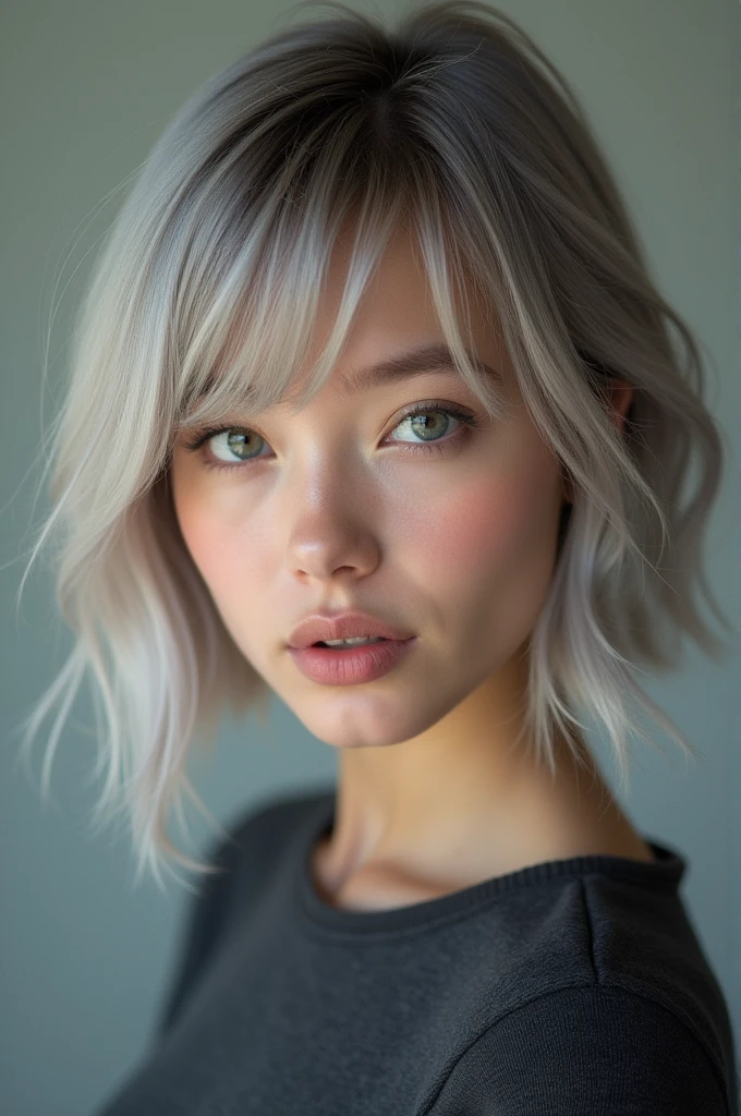 RAW photo, best quality, masterpiece, photorealistic, 18 years old, Kristina Pimenova, solo, detail face, detail eyes, detailed skin, light gray eyes, light gray hair, short straight bob cut, Symmetrical eyes, medium breast, like a model, looking at viewer, fullbody, Attractive body lines