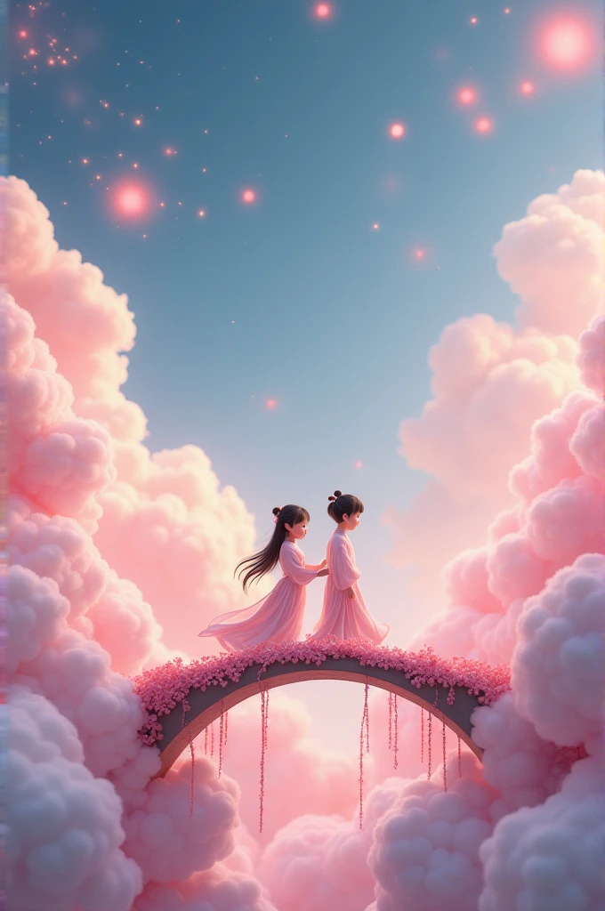 In a vast 3D universe，The Cowherd and the Weaver Girl stand on a magpie bridge made of soft pink clouds。Traditional Chinese ancient clothing，Traditional arch bridge，These clouds are fluffy and soft，As if just plucked from the sky，Each flower has a delicate texture and slight elasticity.。The edge of the magpie bridge is still hung with strings of glittering pearl-like dewdrops.，About to drip。The starry sky around，Stars are not the usual sharp points of light，But each one is round and full、A ball of light woven from soft threads of light，Exudes a soft and warm glow，Like freshly baked marshmallows。The clothes worn by the Cowherd and the Weaver Girl are made of silk that is as light as mist.，When the wind blows，The folds of silk flow naturally like water ripples，The edges of the clothing are inlaid with fluffy white down.，Adds a bit of warmth and romance。Their hair is not a rigid line.，But a strand of silky soft、Slightly curly filaments，As if I could feel the gentle breeze。