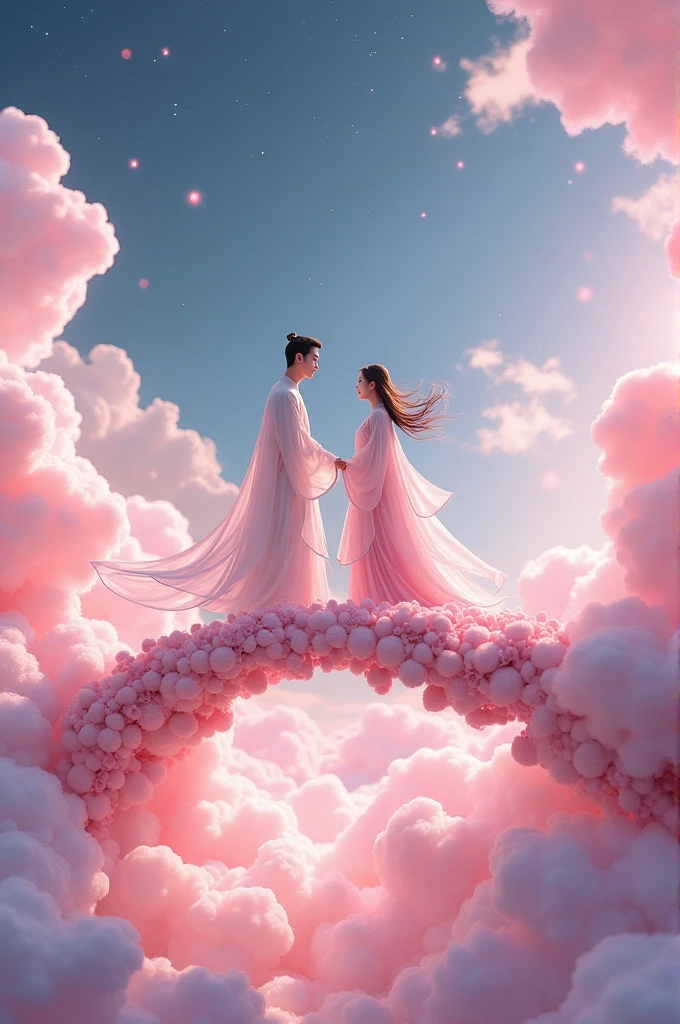 In a vast 3D universe，The Cowherd and the Weaver Girl stand on a magpie bridge made of soft pink clouds。Traditional Chinese ancient clothing，Traditional arch bridge，These clouds are fluffy and soft，As if just plucked from the sky，Each flower has a delicate texture and slight elasticity.。The edge of the magpie bridge is still hung with strings of glittering pearl-like dewdrops.，About to drip。The starry sky around，Stars are not the usual sharp points of light，But each one is round and full、A ball of light woven from soft threads of light，Exudes a soft and warm glow，Like freshly baked marshmallows。The clothes worn by the Cowherd and the Weaver Girl are made of silk that is as light as mist.，When the wind blows，The folds of silk flow naturally like water ripples，The edges of the clothing are inlaid with fluffy white down.，Adds a bit of warmth and romance。Their hair is not a rigid line.，But a strand of silky soft、Slightly curly filaments，As if I could feel the gentle breeze。