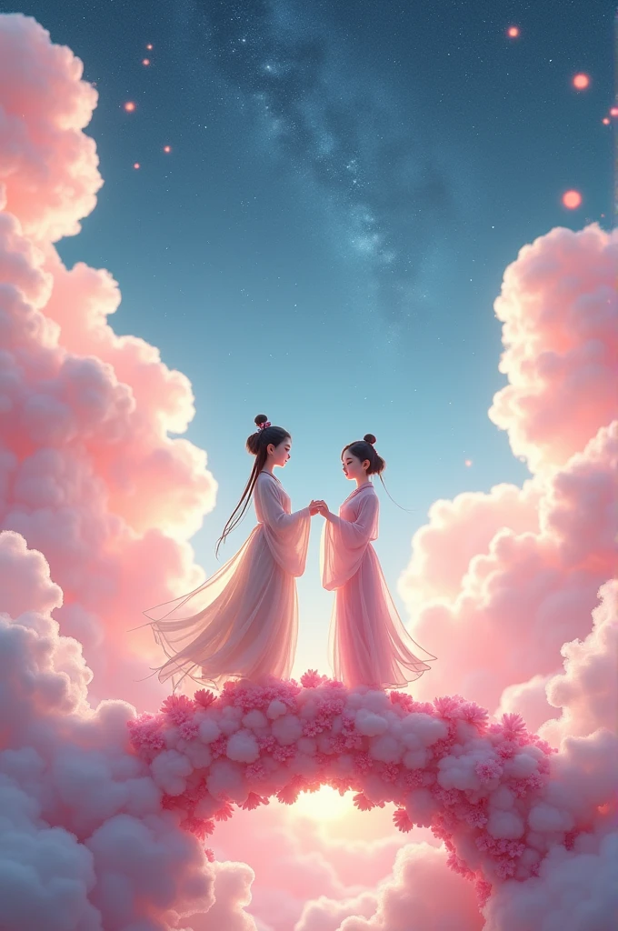 In a vast 3D universe，The Cowherd and the Weaver Girl stand on a magpie bridge made of soft pink clouds。Traditional Chinese ancient clothing，Traditional arch bridge，These clouds are fluffy and soft，As if just plucked from the sky，Each flower has a delicate texture and slight elasticity.。The edge of the magpie bridge is still hung with strings of glittering pearl-like dewdrops.，About to drip。The starry sky around，Stars are not the usual sharp points of light，But each one is round and full、A ball of light woven from soft threads of light，Exudes a soft and warm glow，Like freshly baked marshmallows。The clothes worn by the Cowherd and the Weaver Girl are made of silk that is as light as mist.，When the wind blows，The folds of silk flow naturally like water ripples，The edges of the clothing are inlaid with fluffy white down.，Adds a bit of warmth and romance。Their hair is not a rigid line.，But a strand of silky soft、Slightly curly filaments，As if I could feel the gentle breeze。