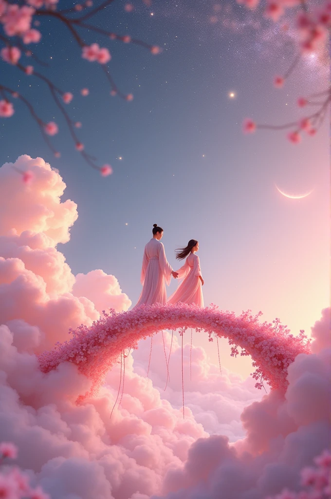 In a vast 3D universe,The Cowherd and the Weaver Girl stand on a magpie bridge made of soft pink clouds。Traditional Chinese ancient clothing,Traditional arch bridge,These clouds are fluffy and soft,As if just plucked from the sky,Each flower has a delicate texture and slight elasticity.。The edge of the magpie bridge is still hung with strings of glittering pearl-like dewdrops.,About to drip。The starry sky around,Stars are not the usual sharp points of light,But each one is round and full、A ball of light woven from soft threads of light,Exudes a soft and warm glow,Like freshly baked marshmallows。The clothes worn by the Cowherd and the Weaver Girl are made of silk that is as light as mist.,When the wind blows,The folds of silk flow naturally like water ripples,The edges of the clothing are inlaid with fluffy white down.,Adds a bit of warmth and romance。Their hair is not a rigid line.,But a strand of silky soft、Slightly curly filaments,As if I could feel the gentle breeze。