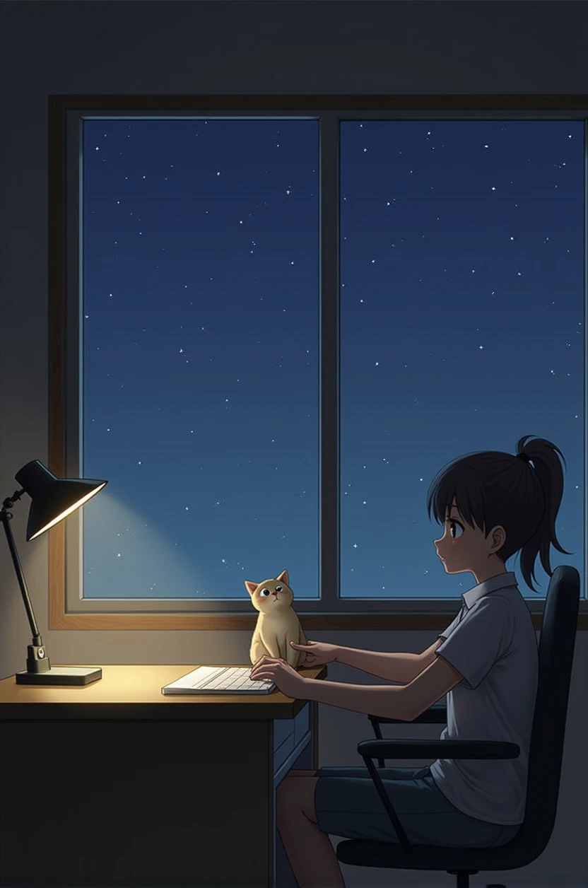 Room with lights turned off、Large windows in front、You can see the starry sky from the window、A girl with a ponytail and a kitten are relaxing at a desk、The starry sky lights up the room