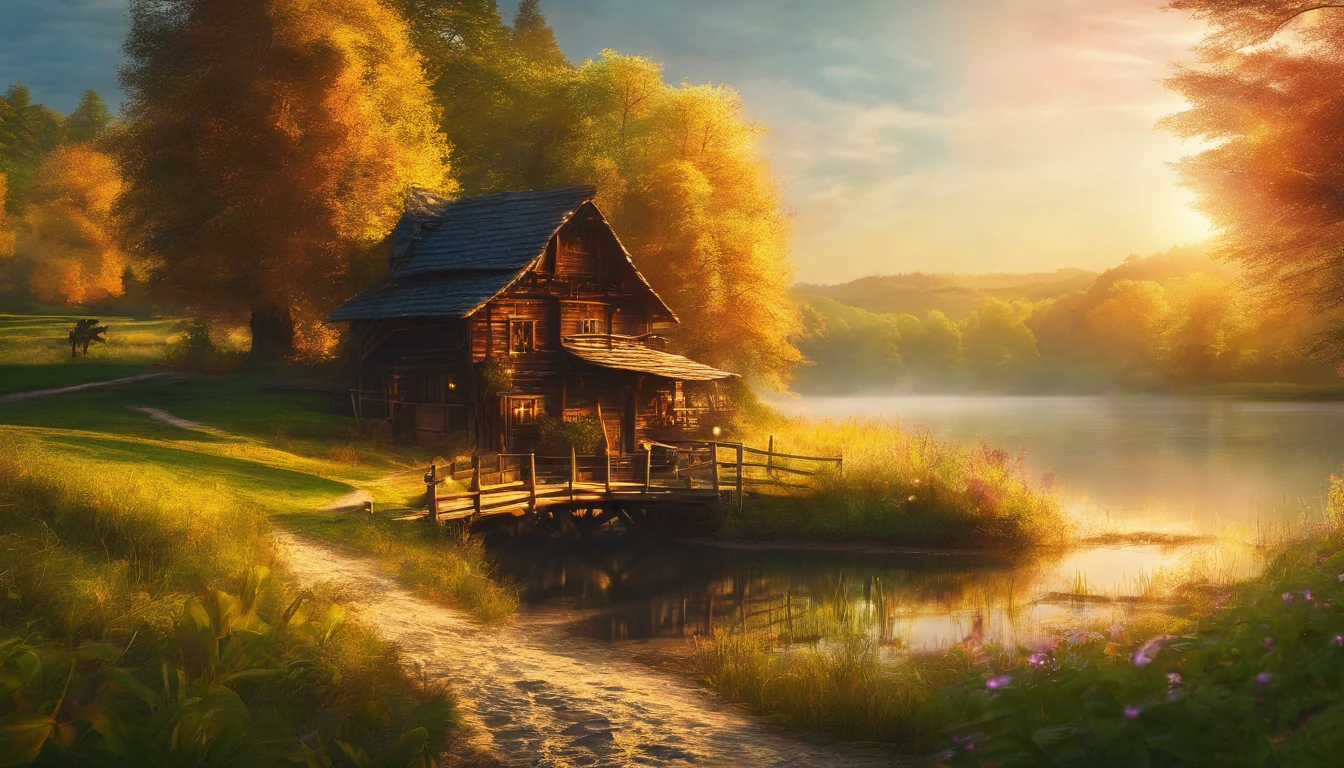 Morning. Nature. Sunny. Lake. Trees. Village .Forest. Professional photo, 4k, hyperrealism, f/16, 1/100s, high definition, depth of field, hyper detail. Beautiful. In the distance there is a wooden mill,
