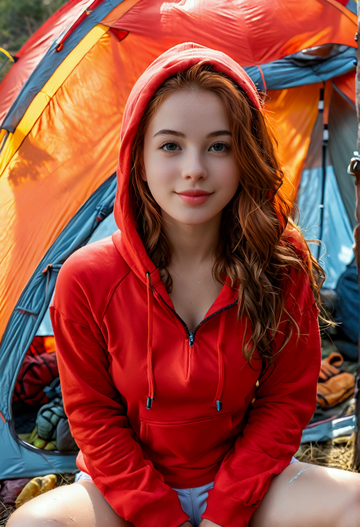 (full body shot:1) photorealistic image of a (standing pose:1) woman, ultrarealistic, photography, long red hair, woman, 24 years old, hourglass figure, perfect body, Flirty look, natural medium breasts, blur background, High Quality, instagram model, Sexy photo of a girl camping alone, ((Wearing a very short red hoodie and very short white lycra shorts)), ((perfect cameltoe)). Exposed Skin, hiking clothes, Hiking Shoes, exteriors, Slim Fitness Body, large full breasts, Clearly visible chest contours, shot from below, 18-year-old female, sunset, (One tent in the background), Cold Weather, Prominent chest contour, Smiling, Happy Girl, messy long hair, Hard Outline, Visible Defined Lips, Marking thigh spacing. slim girl,  girl, slim girl, Clean Shot, There is only one tent in the photo....
