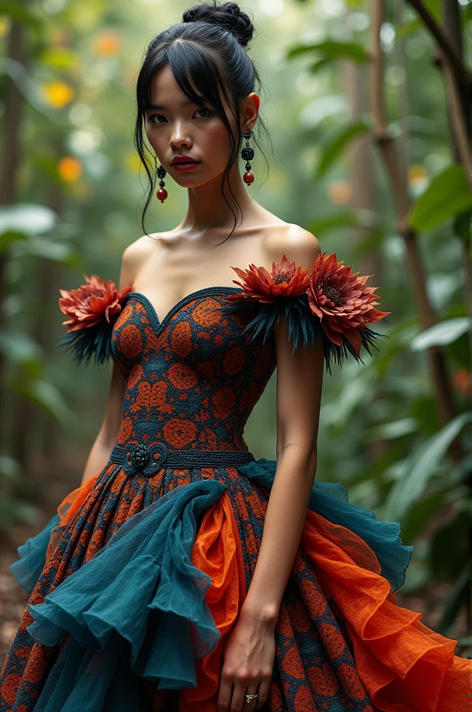 The hasselblad photo portrait of a beautiful and mysterious inca model with a dress inspired by cy twombly, creates the most incredible dress possible. in a setting worthy of the greatest dream gardens and colorful paintings, astonishing lighting ambiance, the woman is standing with an intense look, beautiful haircut, lots of 12k contrast, many details originals, epic, fashion, haute couture, art, light skin, detailed orignal posed watching camera