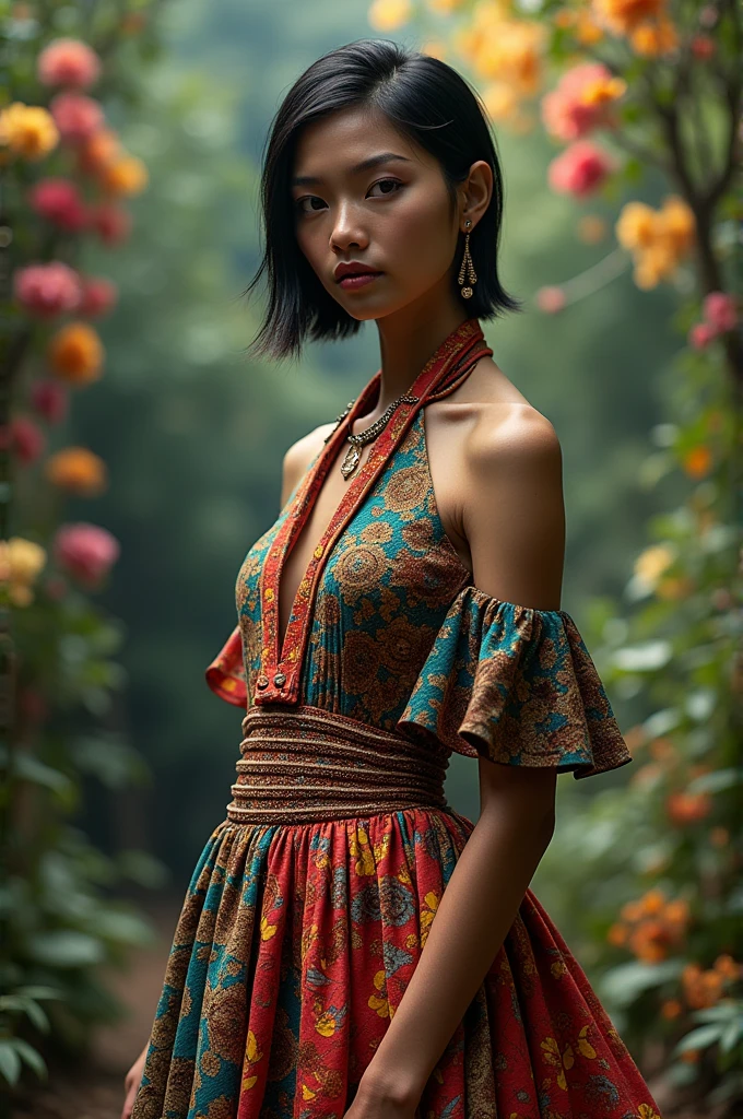 The hasselblad photo portrait of a beautiful and mysterious inca model with a dress inspired by cy twombly, creates the most incredible dress possible. in a setting worthy of the greatest dream gardens and colorful paintings, astonishing lighting ambiance, the woman is standing with an intense look, beautiful haircut, lots of 12k contrast, many details originals, epic, fashion, haute couture, art, light skin, detailed orignal posed watching camera