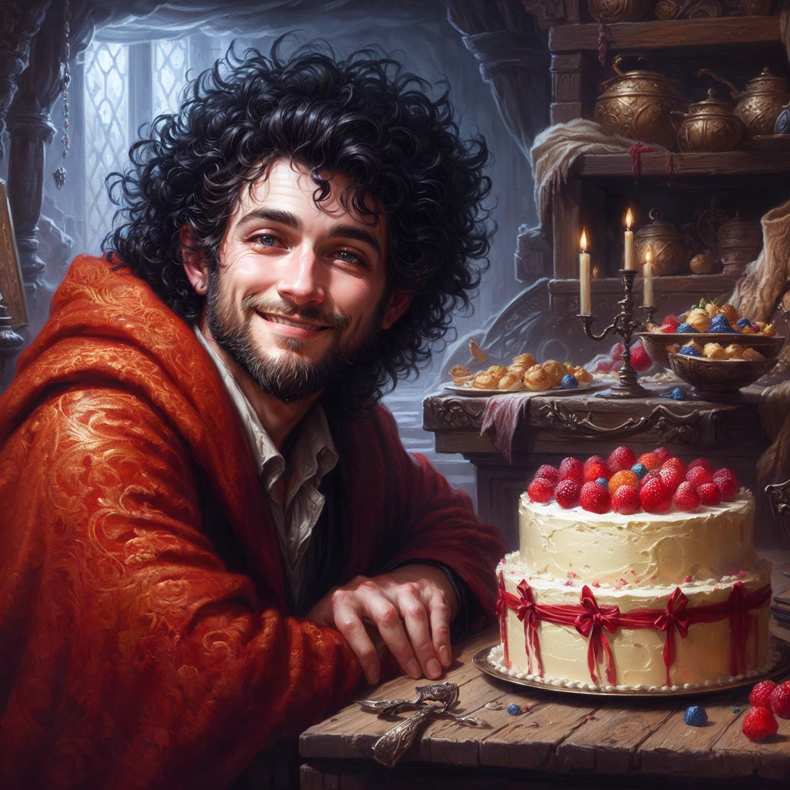 painting of a smiling man with curly hair and a beard sitting at a table with a cake, by Kerembeyit, fantasy art smug smile man, in his medieval home, darrell k sweet, hyperrealistic fantasy art, realistic fantasy painting, hyperrealistic d & d fantasy art, dnd avatar portrait of wizard, rob mcnaughton