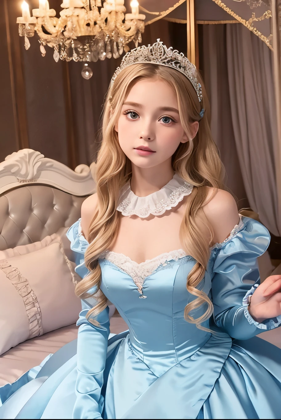 highest quality, masterpiece, highest resolution, artwork, super それにget used to it, many get used to it, get used to it, それにget used to it, 3k realistic pictures,,((12 year old s)),Ultra-detailed juvenile face,ultra-detailed beautiful little girl princess,full length ball gown dress with hoop skirt,ruffled yoke collar,puff sleeves,long sleeve,((Lolita style light blutailed princess satin dress with lots of ruffles and ribbons)),Rococo style lolita fashion,shiny satinss,Soft and smooth fabric,detailed princess dress,luxury,long blonde hair,blue eyes,white skin european,Pajama,((in the bedroom of the palace)),luxury princess canopy king size pink bed,shiny satin sheets,ultra-detailed princess bed,High-quality background,lot of frilled pillows,on the bed,