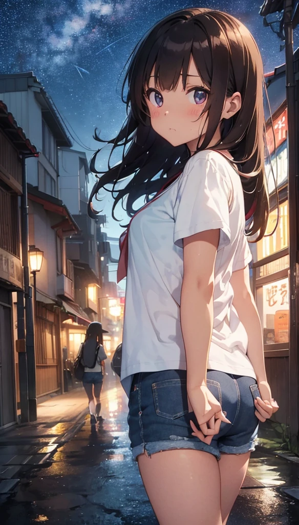 Headphones、Beautiful girl walking down the street at night、It's raining、Brown Hair、Denim shorts、T-Shirts、Sad face、Warm lighting　Outside the room, Starry Sky.　Japanese anime style,I can see the neon lights of the city