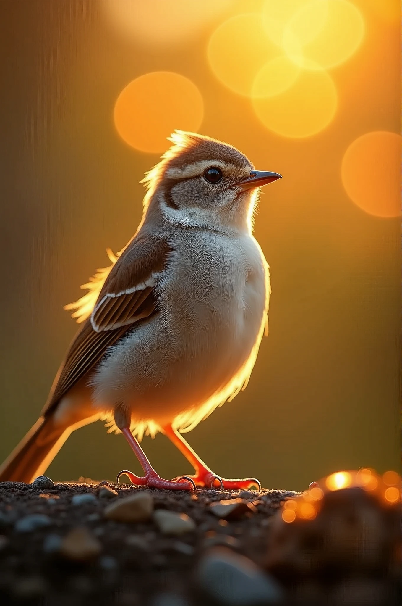A mesmerizing close-up portrait of a gorgeous little bird illuminated by the soft, golden light of a tranquil morning, with vibrant bokeh balls gently framing its delicate form. 