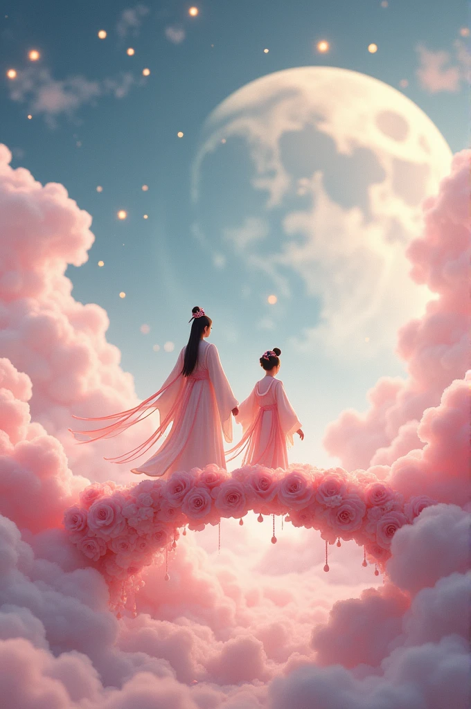 In a vast 3D universe，The Cowherd and the Weaver Girl stand on a magpie bridge made of soft pink clouds。Traditional Chinese ancient clothing，Traditional arch bridge，These clouds are fluffy and soft，As if just plucked from the sky，Each flower has a delicate texture and slight elasticity.。The edge of the magpie bridge is still hung with strings of glittering pearl-like dewdrops.，About to drip。Huge Moon。The starry sky around，Stars are not the usual sharp points of light，But each one is round and full、A ball of light woven from soft threads of light，Exudes a soft and warm glow，Like freshly baked marshmallows。The clothes worn by the Cowherd and the Weaver Girl are made of silk that is as light as mist.，When the wind blows，The folds of silk flow naturally like water ripples，The edges of the clothing are inlaid with fluffy white down.，Adds a bit of warmth and romance。Their hair is not a rigid line.，But a strand of silky soft、Slightly curly filaments，As if I could feel the gentle breeze。