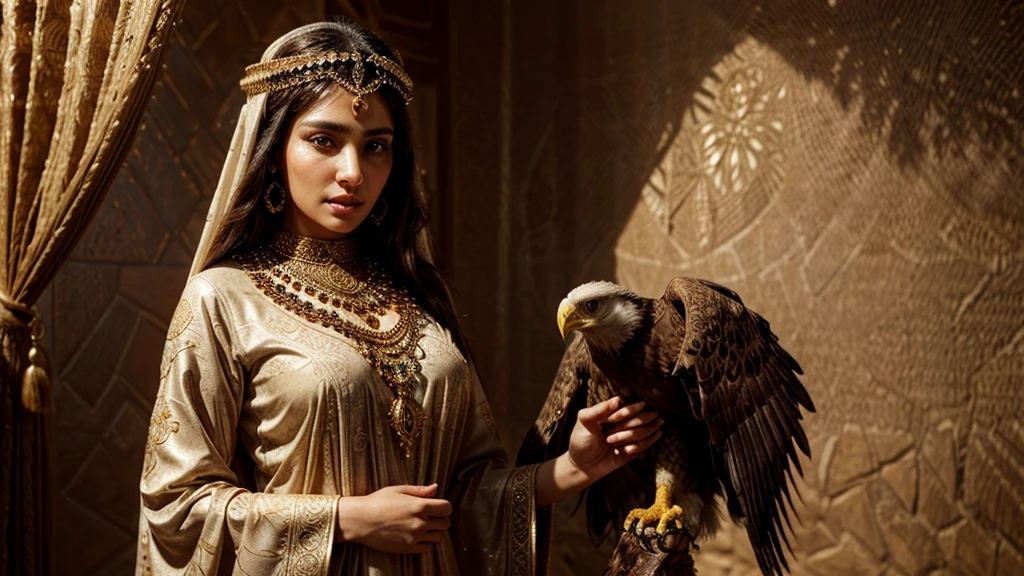 a beautiful arabic woman holding an eagle, detailed face, detailed eyes, long eyelashes, beautiful lips, golden jewelry, ornate headpiece, intricate embroidered clothing, flowing fabric, desert landscape, warm lighting, photorealistic, highly detailed, cinematic, dramatic, vast desert background